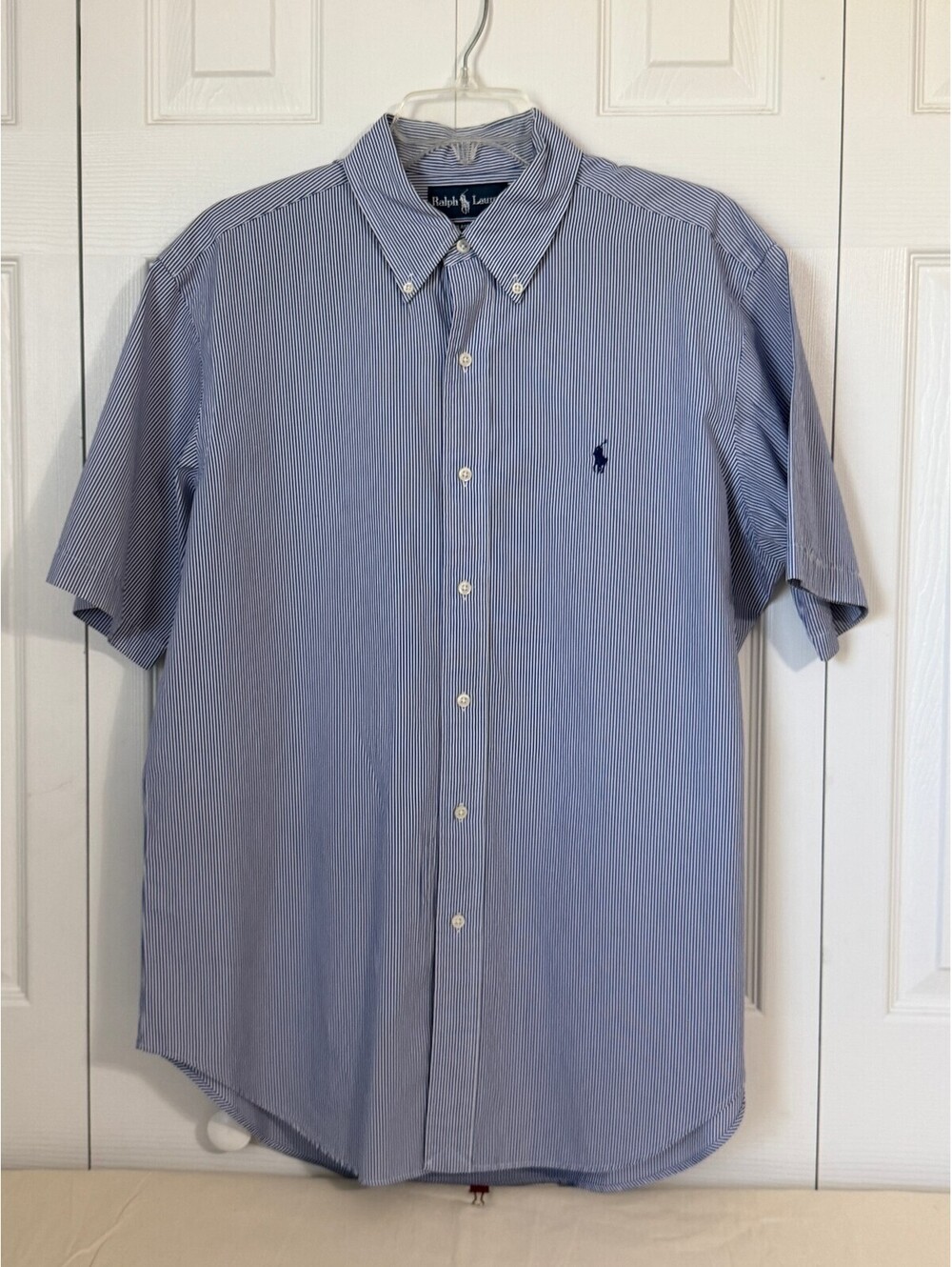 Ralph‎ Lauren Mens Large Blue White Bengal Stripe Button Down Shirt Short Sleeve
